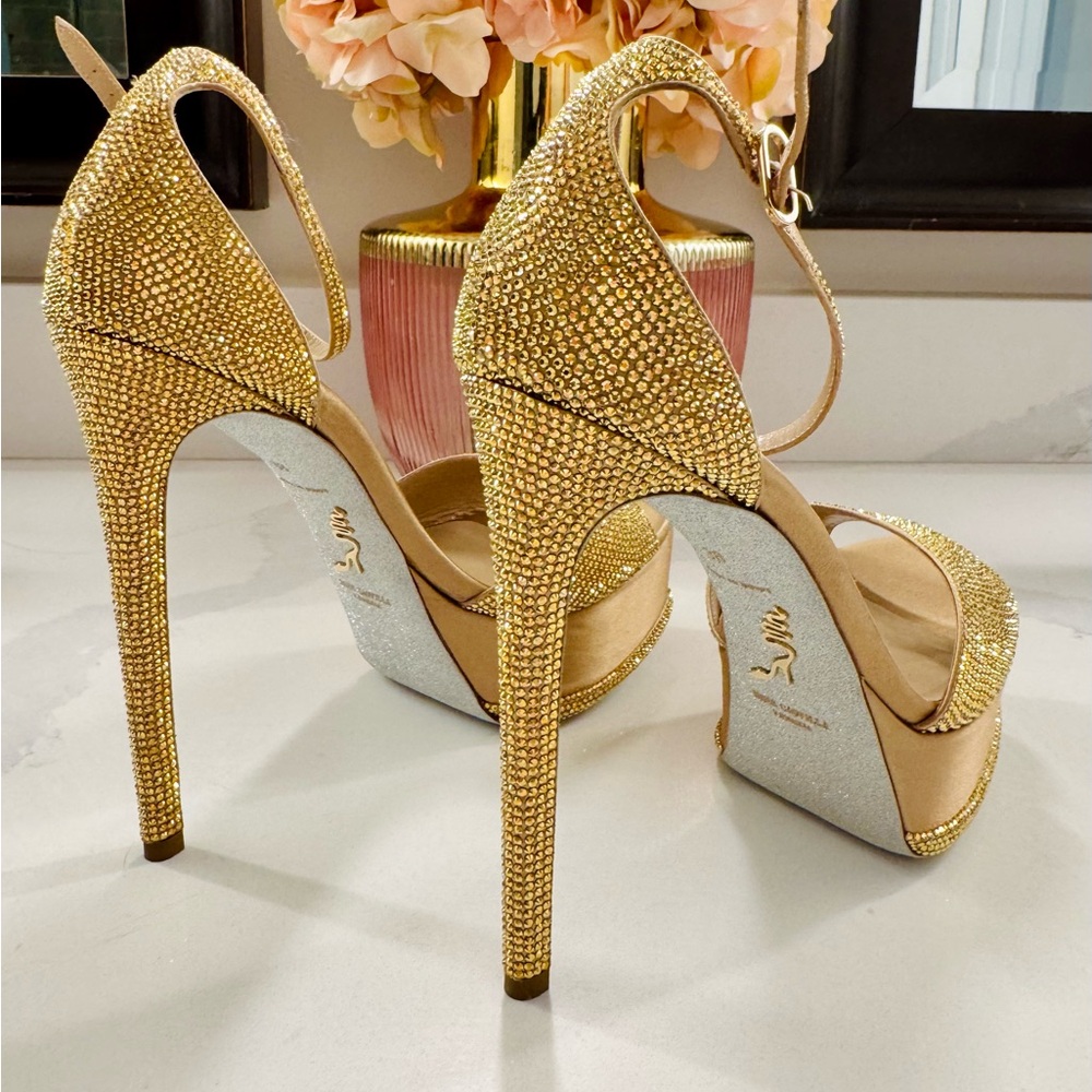 Rene Caovilla - Crystal Gold Platform Heels - New - 38 US